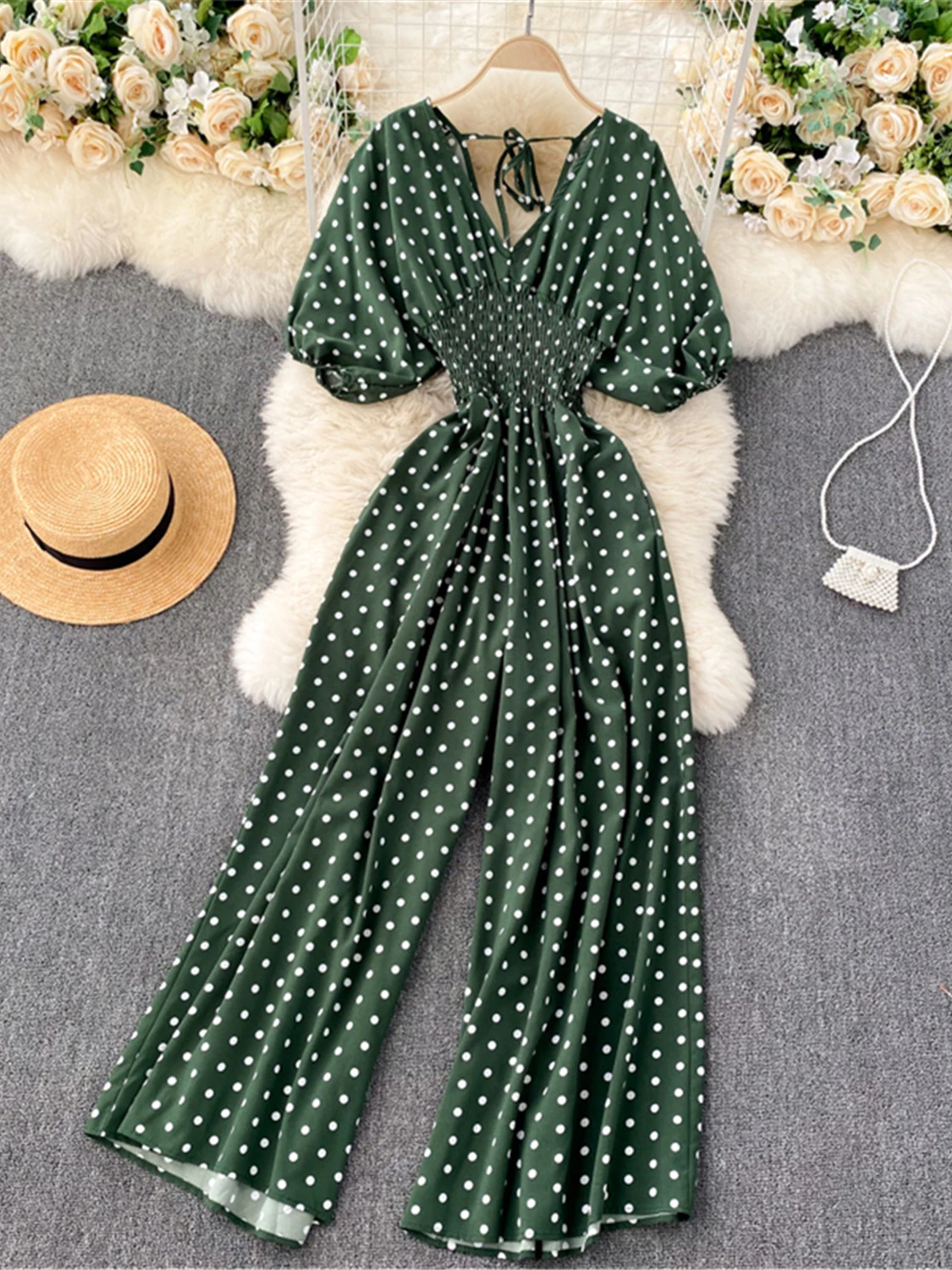 Summer Women Polka Dot Wide Leg Jumpsuits Female Vintage V-Neck Puff Short Sleeve High Waist Slim Romper Elegant New Fashion