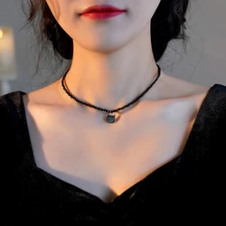 Elegant Tiny Beads Black Spinel Crystal Natural Shell Cat Pendant Choker Necklace for Women Party Jewelry Gifts