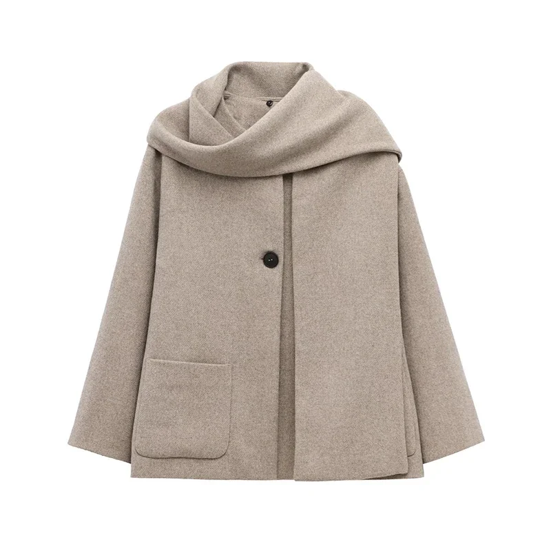 Women's Spring Winter INS Scarf round Neck Jacket Warmer Long Sleeve Blended Coat Loose Elegant Outerwear Fashion for Ladies