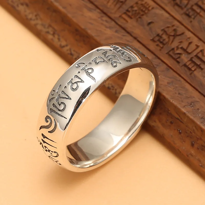 S925 silver retro distressed Thailand silver ring wholesale men's and women's ethnic style six-word mantra index finger ring