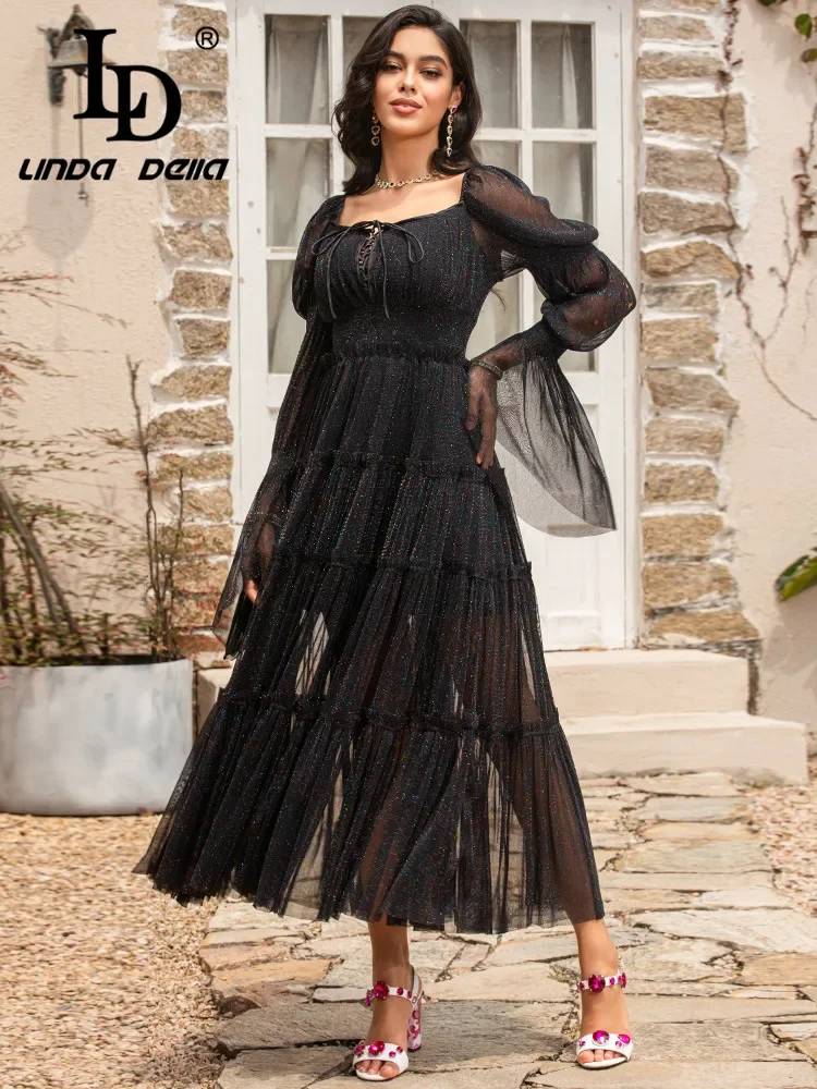 

LD LINDA DELLA New Fashion Runway Summer Dress Women Square collar Flare Sleeve Balck Long vintage Party Dress