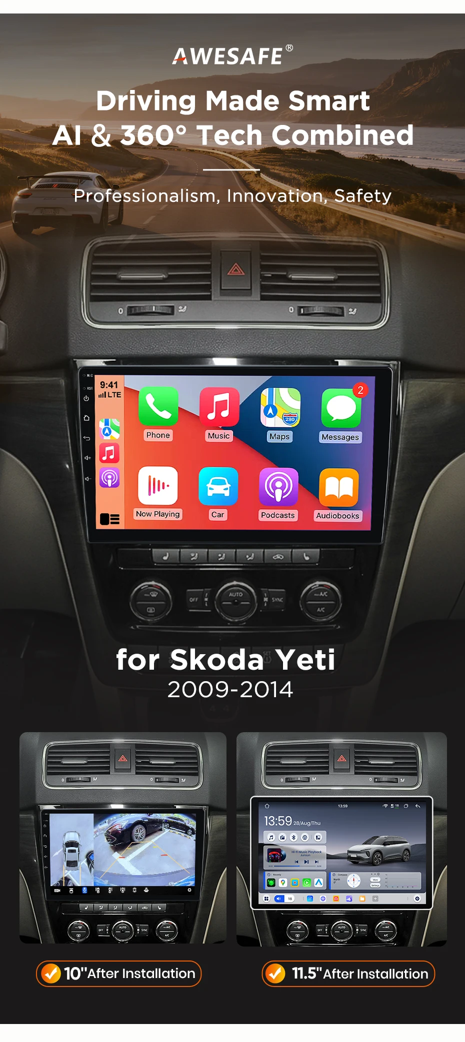 AWESAFE Kabelloses CarPlay Android Auto Radio für SKODA Yeti 5L 2009 2010 2011-2014 Auto-Intelligentes System RDS GPS FM BT DSP SWC – Detail 3