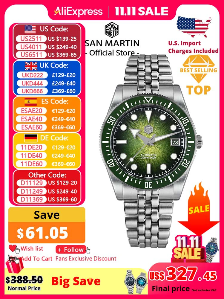 San Martin 37.5mm Men Diver Watch Miyota 9015 Enamel Sunburst Dial Luxury Automatic Mechanical Watches Waterproof 200m SN0148GX