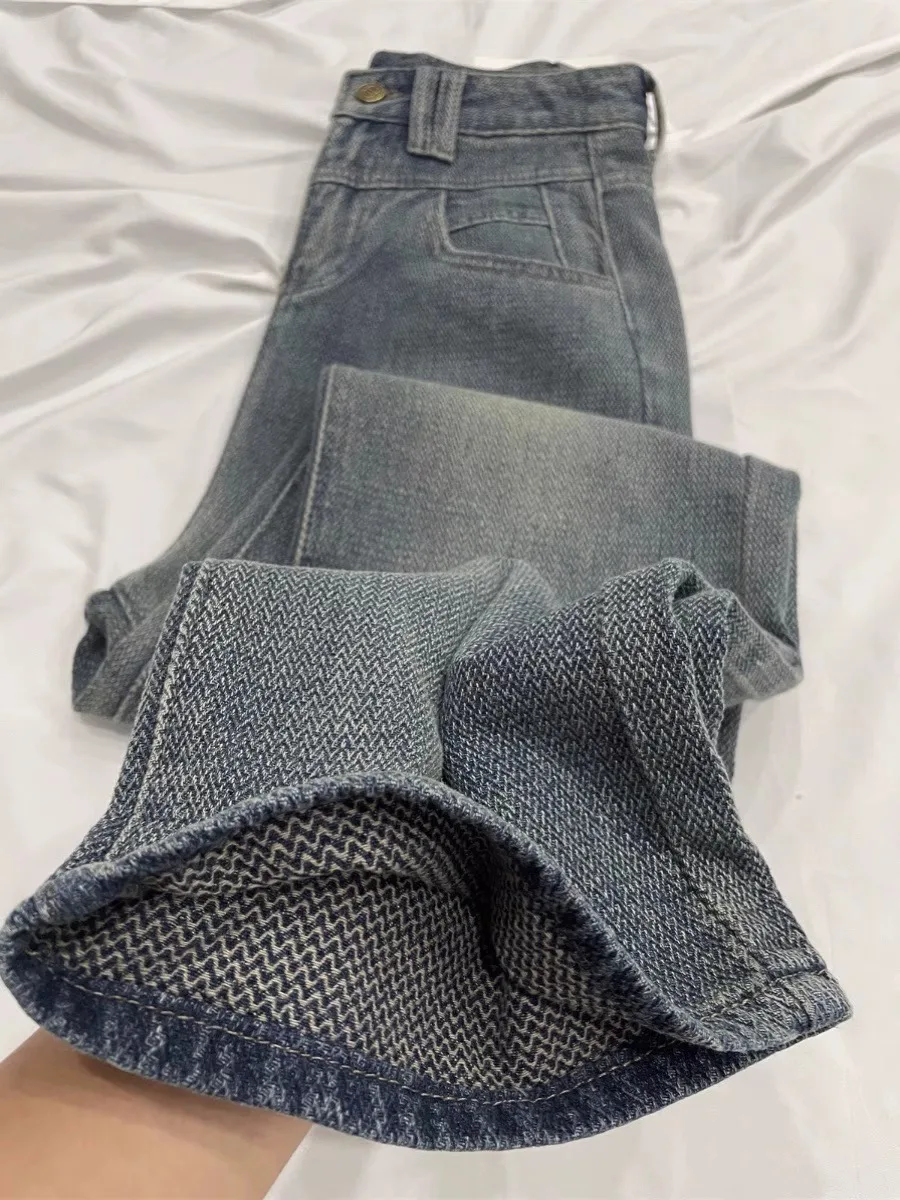 Hohe Taille, weites Bein, gerade geschnittene Jeans für Damen, Herbst, neue Sle Pear Ape, schlankmachende Hüfte, das amerikanische Sternenmuster bedeckt