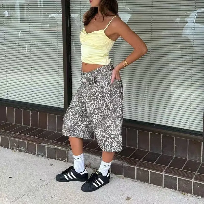 Jaded London 25SS new faded leopard print full print loose wide leg low waisted straight leg jeans fashion jeans