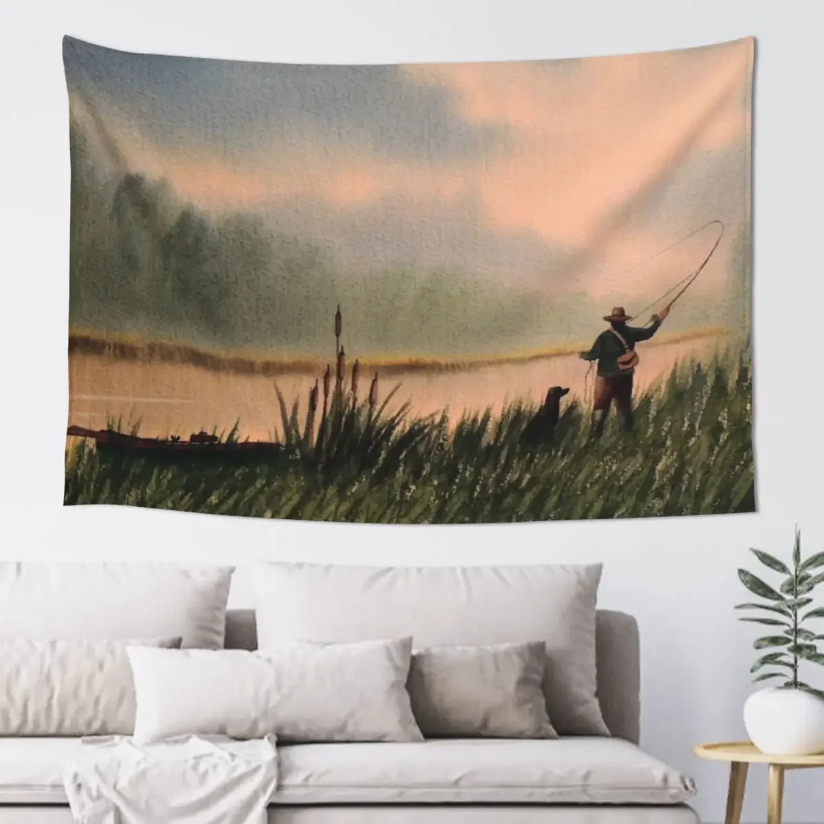 The Fly Fisherman With His Loyal Friend Tapestry Room Decorations Aesthetic Aesthetic Room Decor Wall Coverings Tapestry