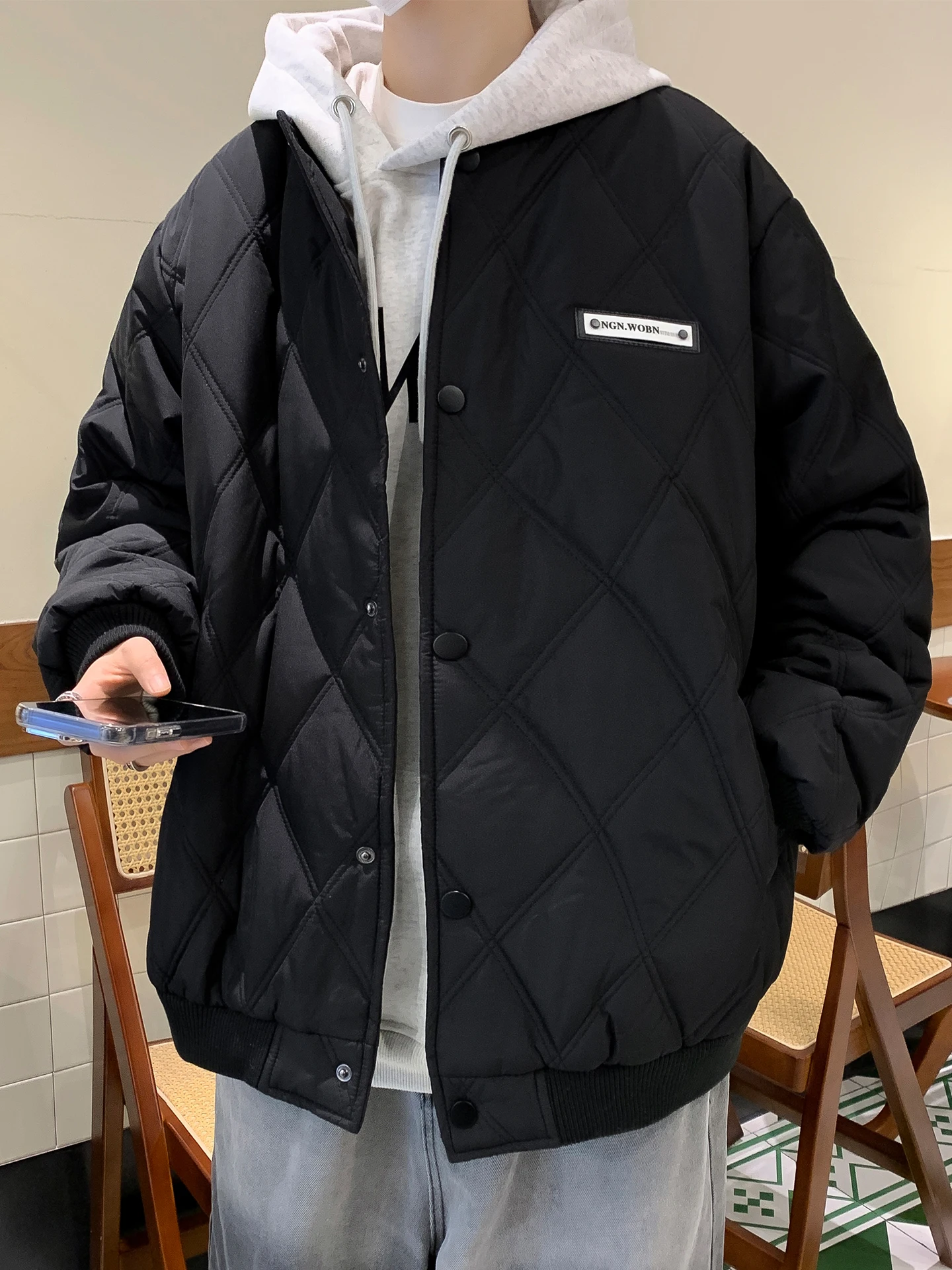 Men's Argyle Quilted Cotton Jacket Autumn Winter Simple Stand Collar Thick Baseball Coat American Casual Fashion Loose Jackets