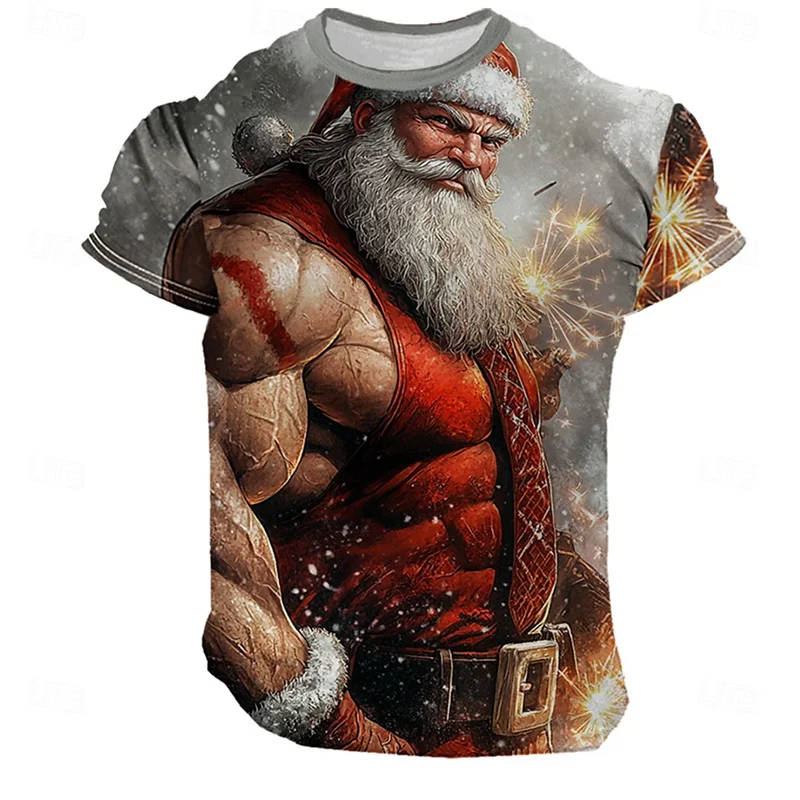 Christmas Muscle Santa Claus T-shirt Men Cool 3D Printed Xmas Holiday T shirt Tops Oversized Short Sleeve Crew Neck Tee Shirts