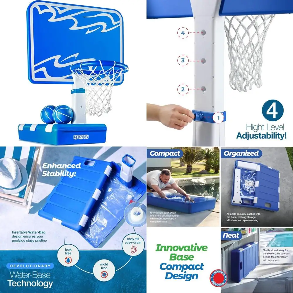 

Adjustable Height Pool Basketball Hoop with Large Backboard - 33x54, Revolutionary Base and Storage System for Swimming Pools