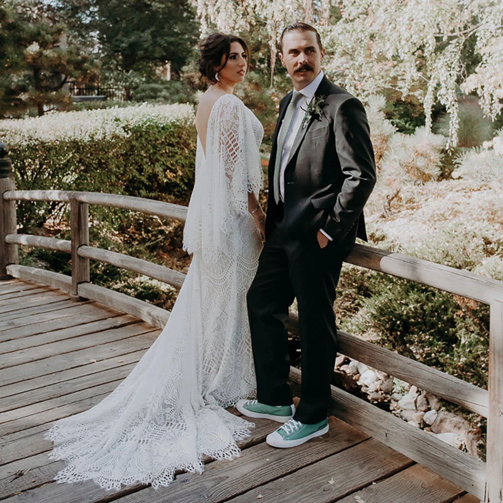 Abito da sposa con scollo a V in pizzo con maniche a cascata e scollo a V abito da sposa aderente a sirena Boho rustico su misura