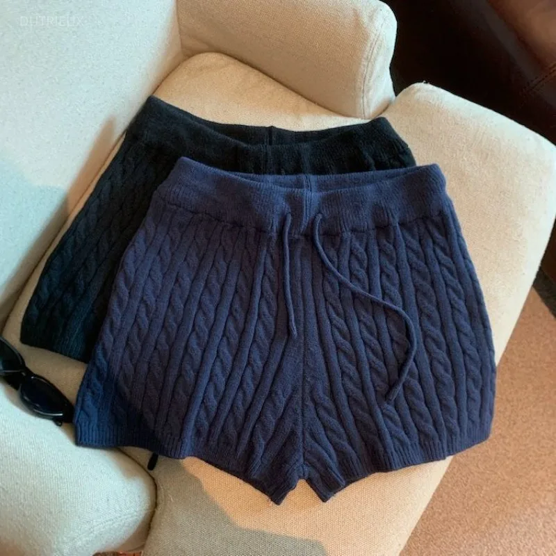 Y2k Knitted Shorts Mujer Solid Autumn Winter Korean Fashion Retro Woman Pants Drawstring Casual Pantalones Cortos