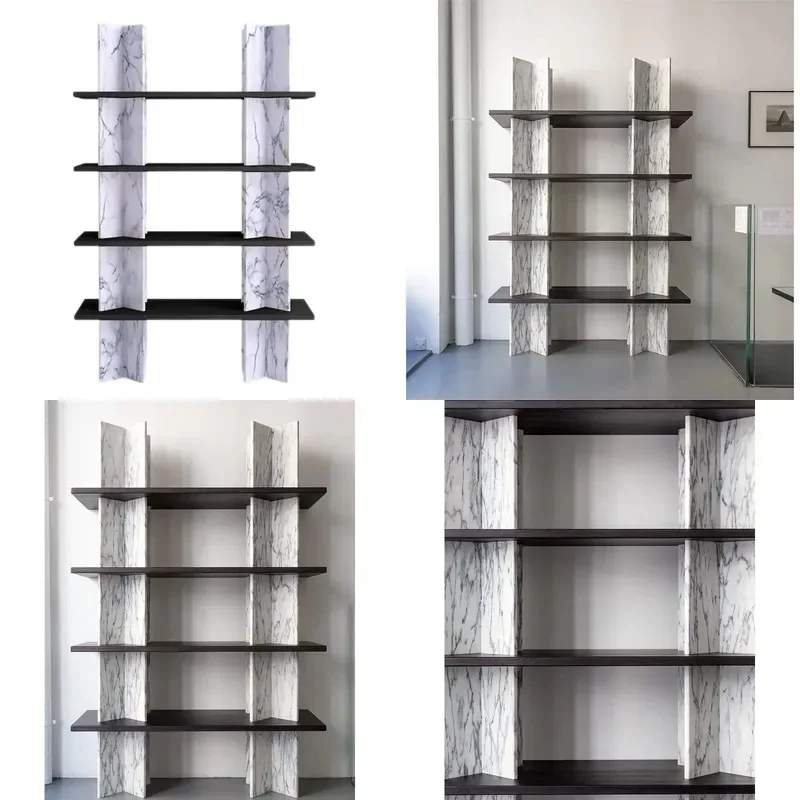 Modern Marble Bookcase Black Gray Wood Display Stand for Living Room Office High Bookstore Lobby Practical Floor Cabinet