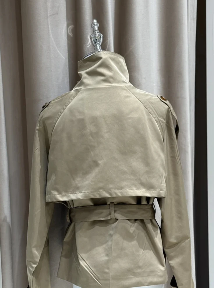 Trench corto da donna con cintura in vita |   Giacca vintage con colletto rialzato doppio petto |   Cappotti capispalla casual chic da donna