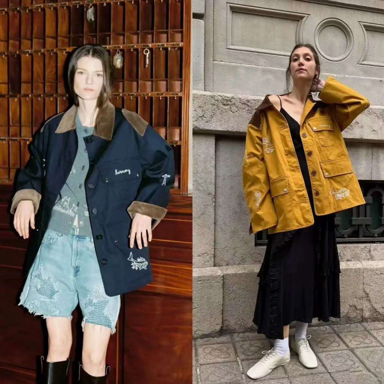 

Heavy Embroidery Cotton Workwear Jaet Loose Fit irt Collar Corduroy Patchwork Slimming Sle French Sle Mid-Length Coat