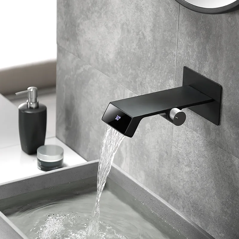 

Brushed Grey/White/Black/Chrome Brass Wall Mounted Waterfall Bathroom Basin Faucet Hot And Cold Water Mixer Concealed Faucet