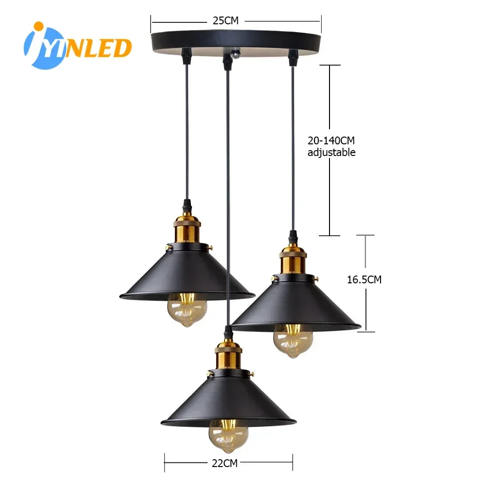 

3 Heads Black-Gold E27 LED Hanging Chandeliers Lamp Vintage Iron Lampshade Pendant Lights for Loft Kitchen Bedroom Home Decor