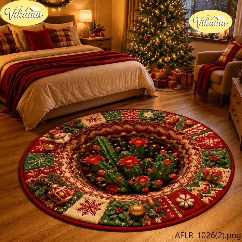 VIKAMA Round Christmas Rug, Berry Bow Snowman Rug for Under the Tree, Home Decor for Under the Christmas Tree in the Living Room