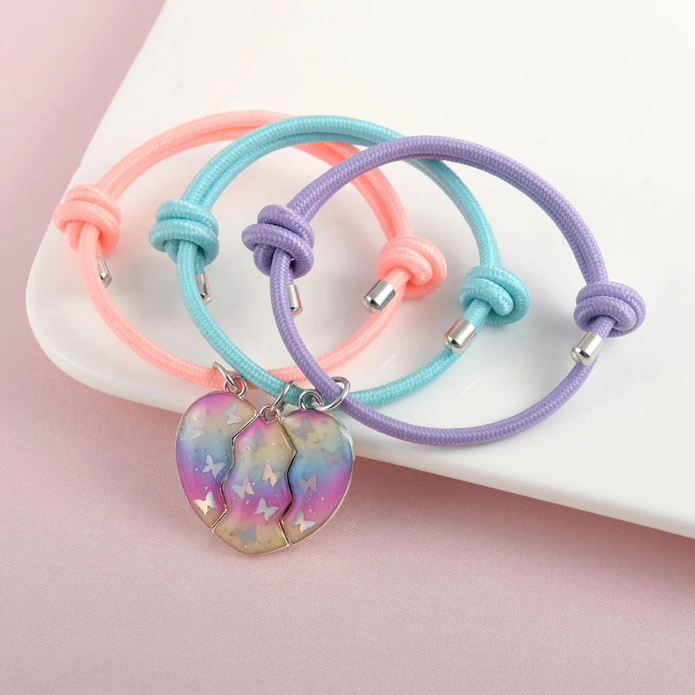 Winoneday 3Pcs/set Cute Heart-shaped Gradient Butterfly Sequin Best Friend Bracelet BFF Friendship Jewelry Gifts for Girls
