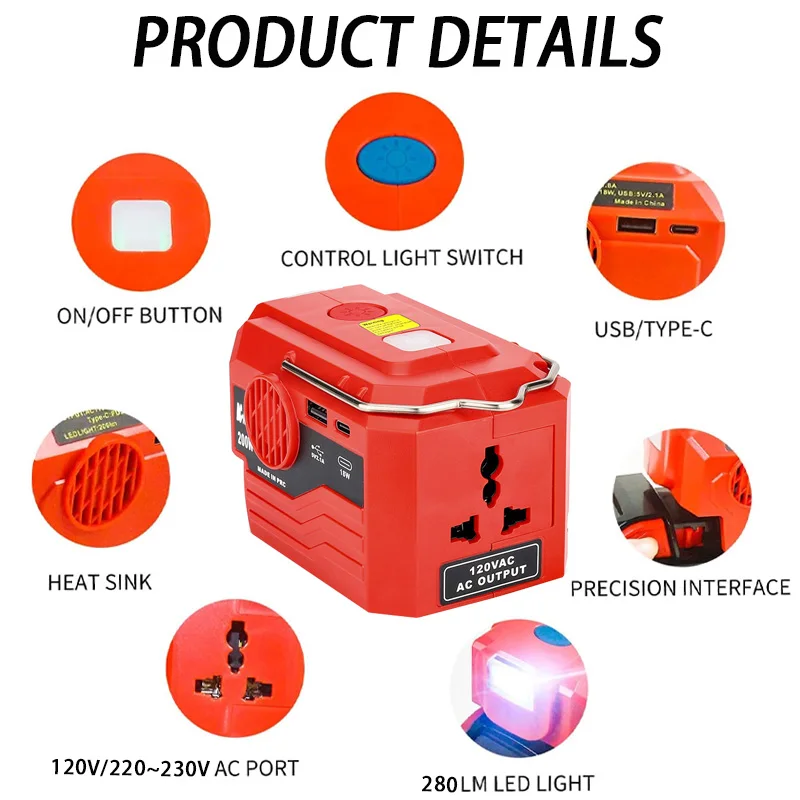 For Milwaukee 18V Li-ion Battery Inverter DC 18V To AC 110V/220V,200W Modified Sine Wave Inverter with 280LM LED Work Light