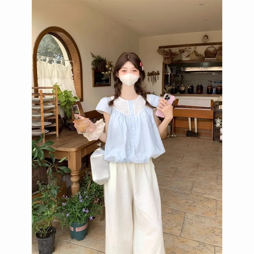 

Short Sleeve Shirts Womens Art Mesh Patchwork Stripe Colorblock Dot Shirring Cropped Ruffled Turndown Neckline Holiday Modern