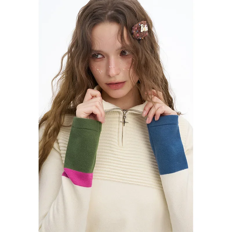 ELFSACK Y2K Slimming Casual Half Zipper Contrast Sleeve Patchwork Knitwear For Women