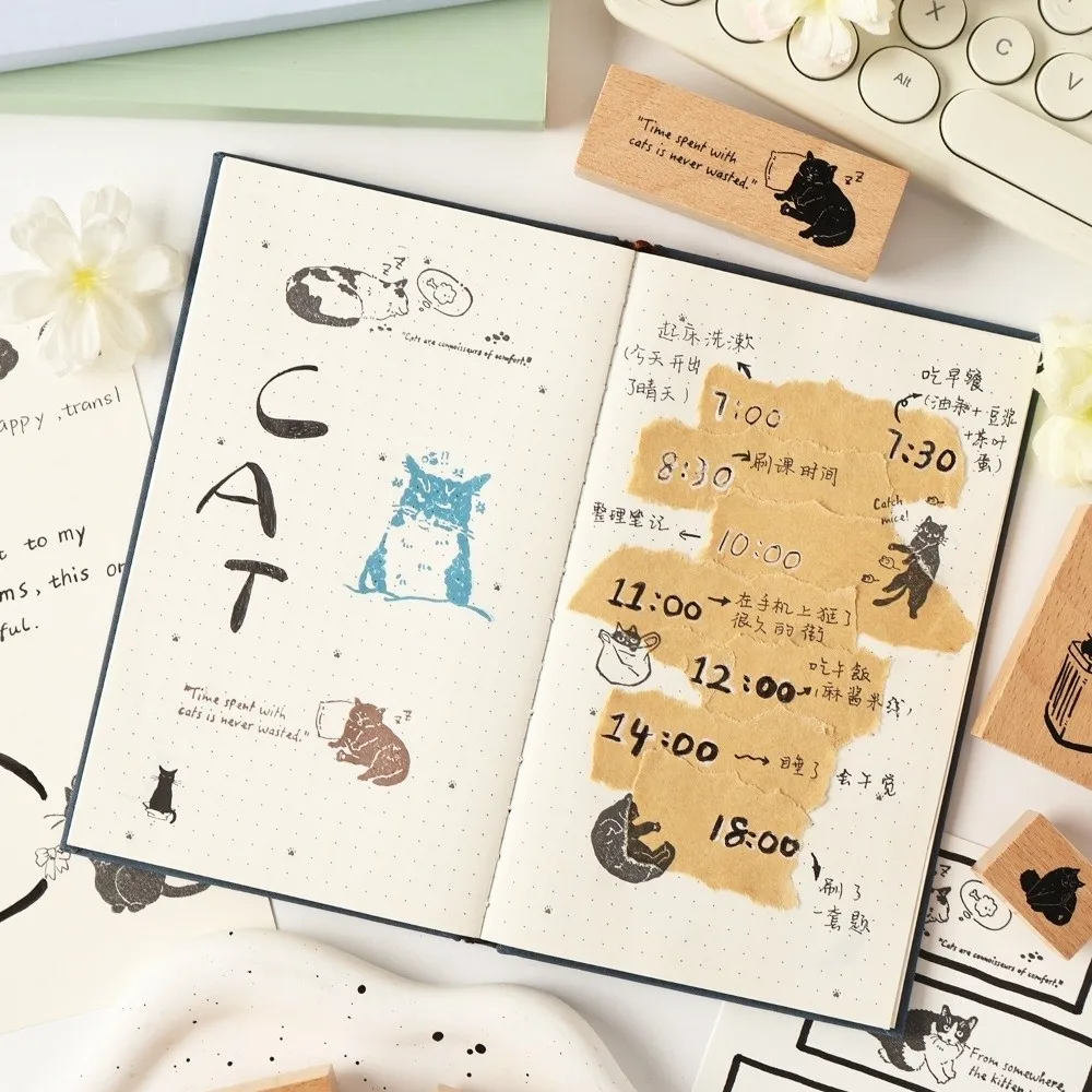 8pcs New Wooden Stamp Set DIY Crafts Stationery Supplies Hand Carved Stamps Cartoon Cat Journal Stamps for Children