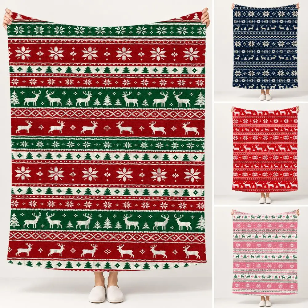 Christmas Plaid Reindeer Scatter Throw Portable Warm Flannel Throw Blanket for Travel Office Outdoor, Soft Bedspread Gift