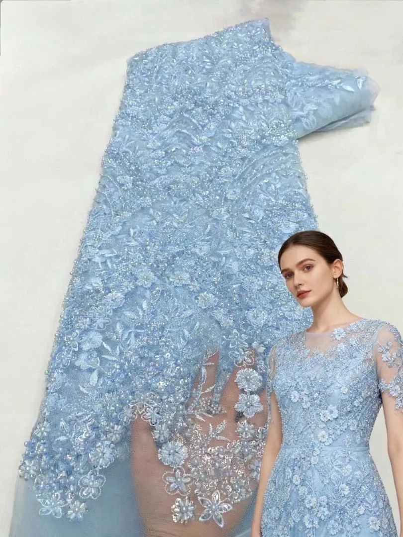 

African Beaded Lace Fabric French Tulle Lace Luxury 2025 High Quality Lace Nigerian Sequins Beads Fabric For Women Wedding Dress