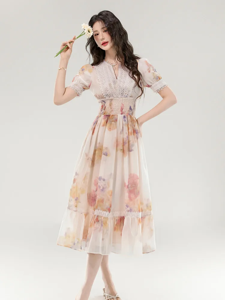 고품질 프랑스 휴가 비치 V넥 퍼프 소매 플로럴 여름 드레스 여성 2025 신상 패션 스윗 페어리 파티 롱 드레스