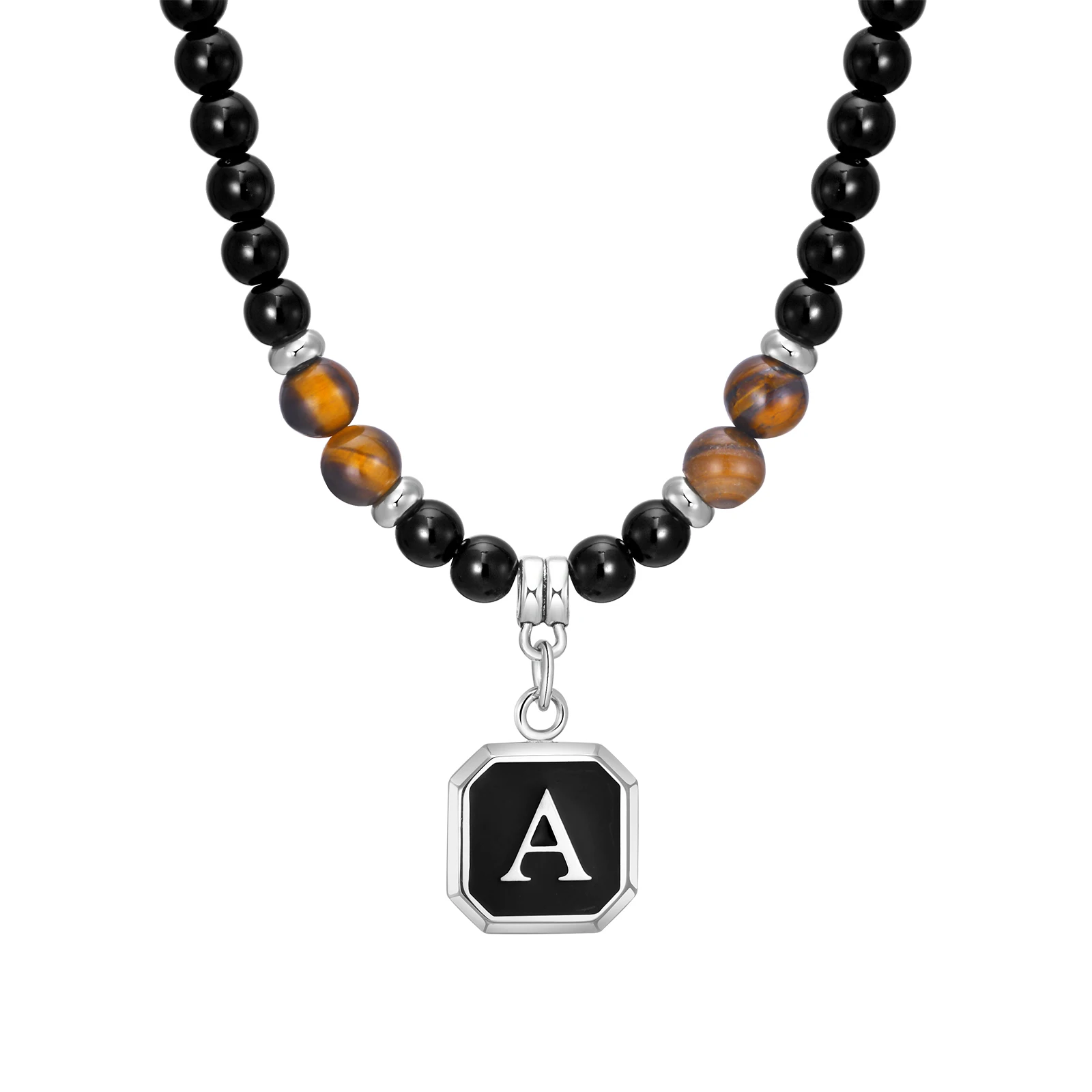 Mprainbow Stylish Letter A-Z Pendant Necklaces for Men Boys,Tiger Eye Black Beaded Necklace,Initial Pendants Jewelry Gift