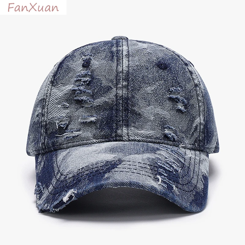 

distressed denim baseball cap for men hip hop streetwear cotton soft top spring summer cap ripped faded