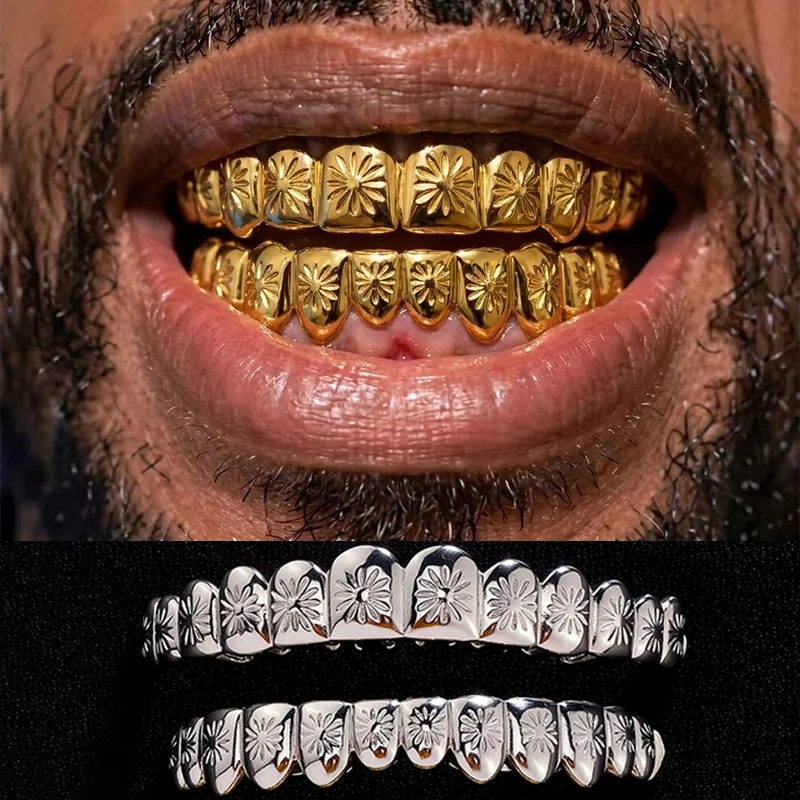 TOPGRILLZ Sunflower Design Glossy Dental Grills 12 Top& 12 Bottom Set Eco-friendly Copper Teeth Grillz Caps For Halloween Gift
