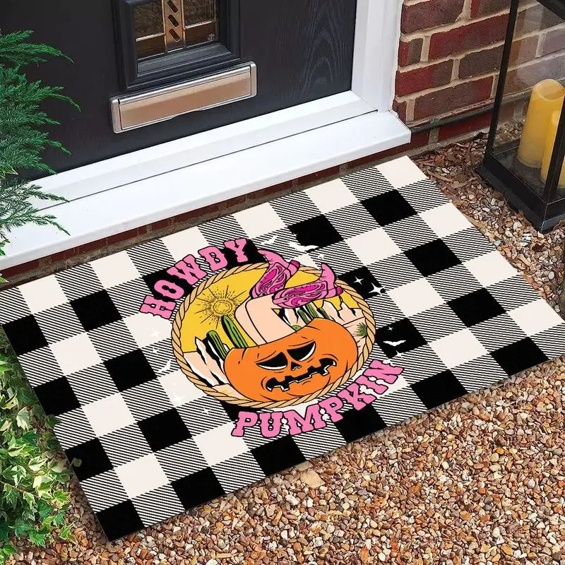 VIKAMA Black and White Buffalo Grid Autumn Pumpkin Skeleton Bat Mat, Non-Slip Entrance Rug for Foyer & Bathroom, Seasonal Decor