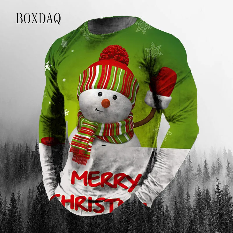 Santa Claus Pattern Men\'s Fashion T-shirts Autumn Winter Long Sleeve Cotton Christmas Tops 6XL Big Size Man Clothing Street Tees