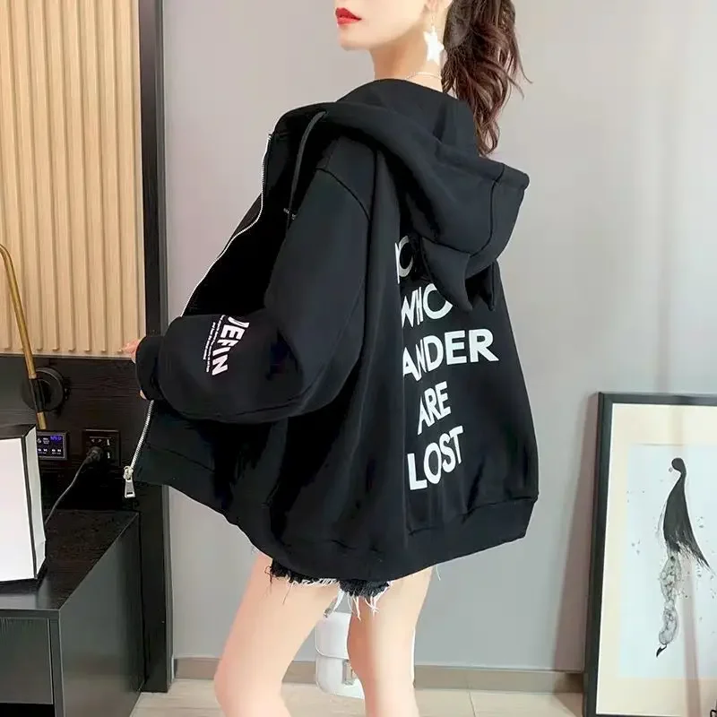 Women 2021 Lazy Style Zipper Harajuku Long Sleeve Coats Hoodies All-match Plus Velvet Letter Jackets Loose Autumn Winter Outwear