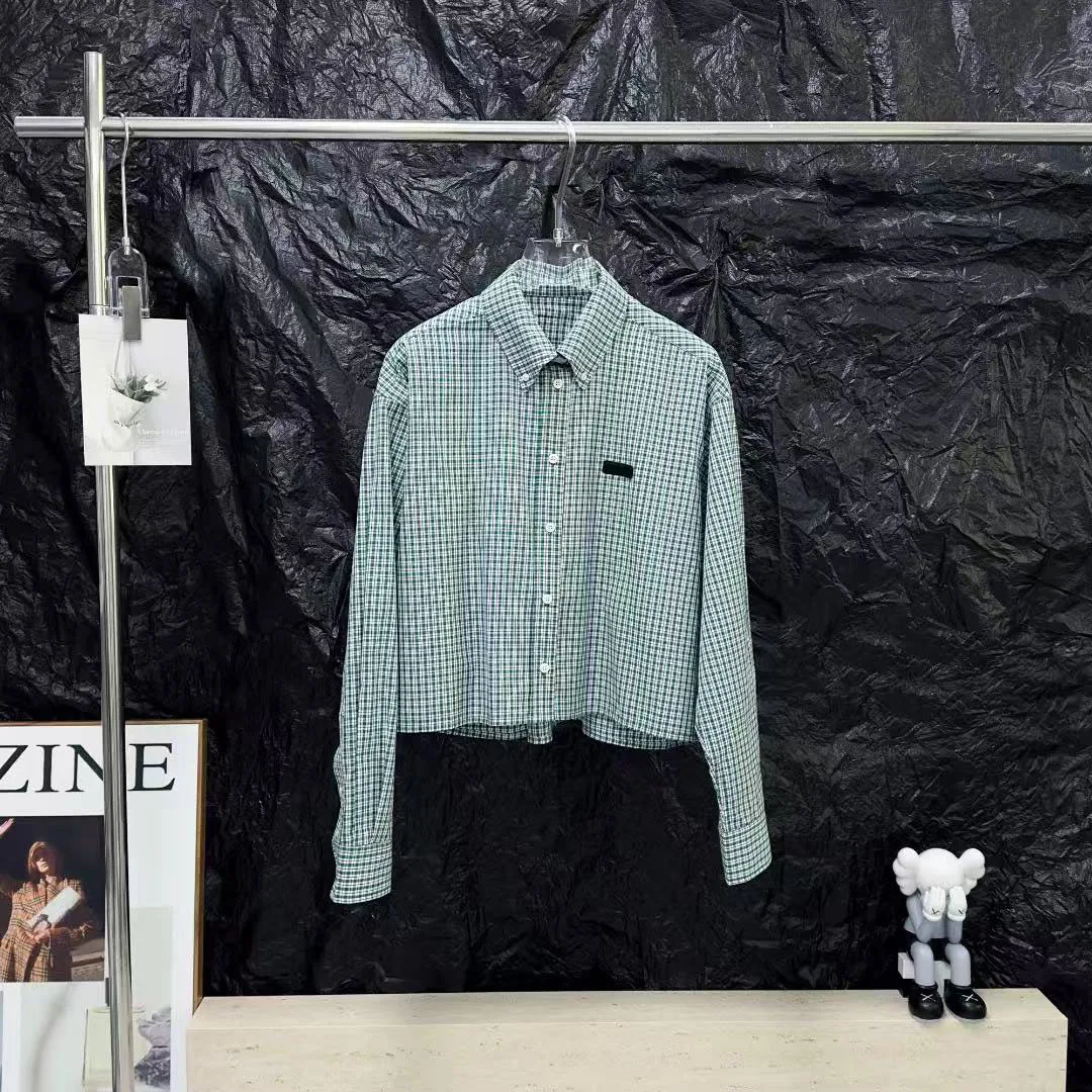 

Green Plaid Letter Patchwork Embroidered Long Sleeve Shirt Women's Short Style Cotton Polyester Comfortable Breathable
