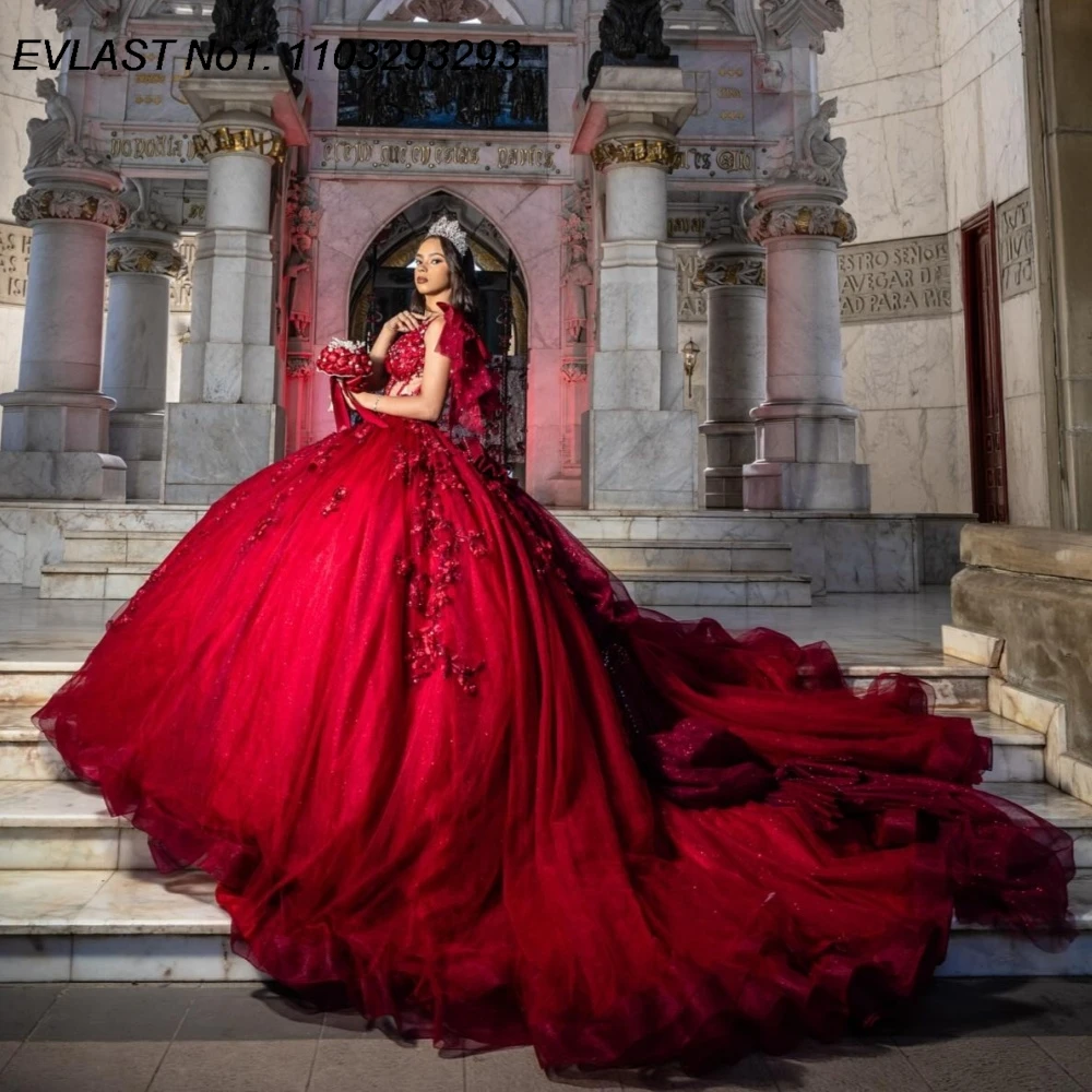 

EVLAST Customized Mexican 2026 Red Ball Gown Quinceanera Dress Floral Applique Beading Bow Sweet 16 Vestidos De 15 Anos E1QN178