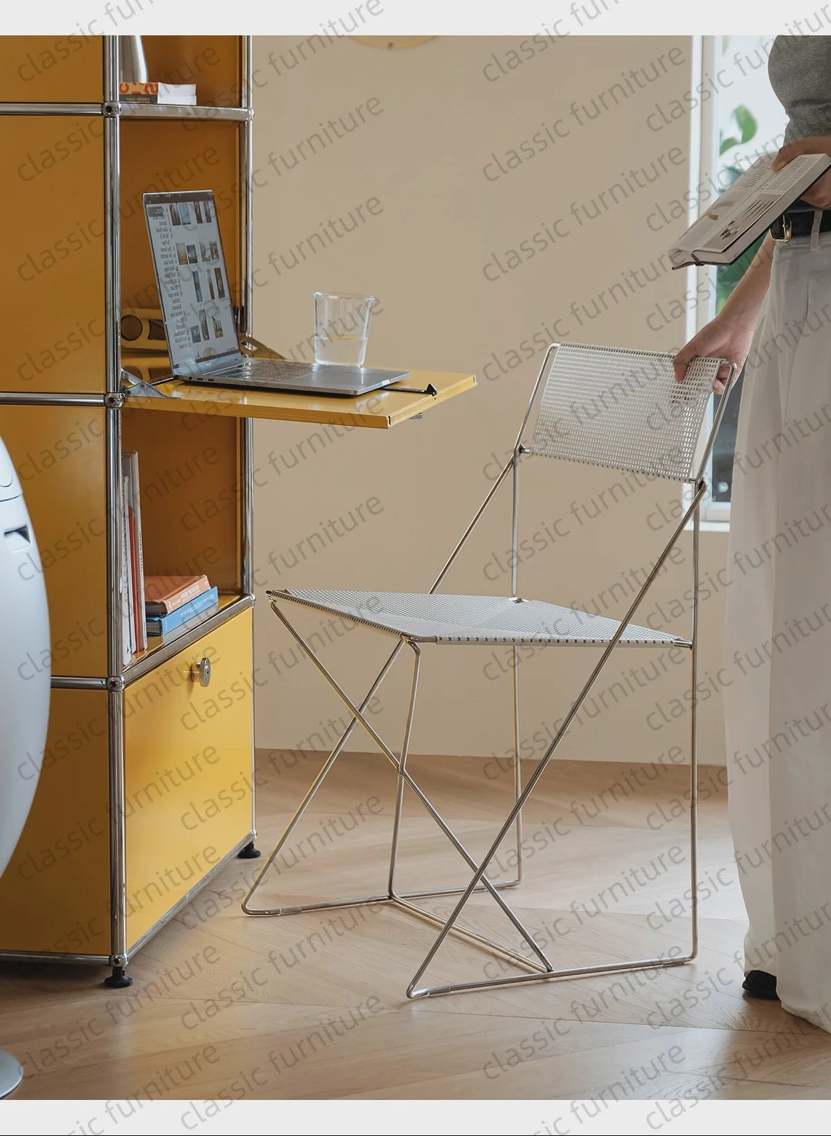 X Line كرسي طعام قابل للتكديس أسلاك الفولاذ المقاوم للصدأ مطلي بالكروم شبكة معدنية Panal بساطتها الدنمارك كرسي داخلي للمنزل #6