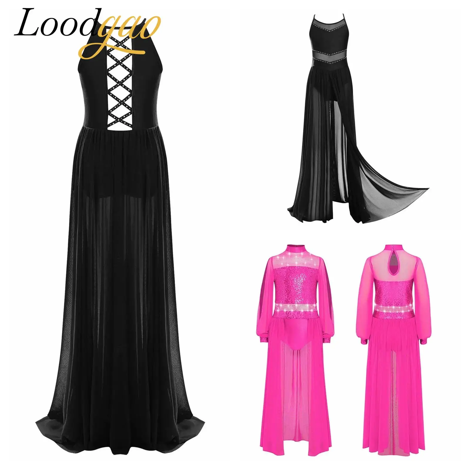 

Kids Girls Modern Contemporary Ballet Leotard Dress Shiny Sequins Sheer Mesh Rhinestones Festive Dress Lyrical Dance Costume