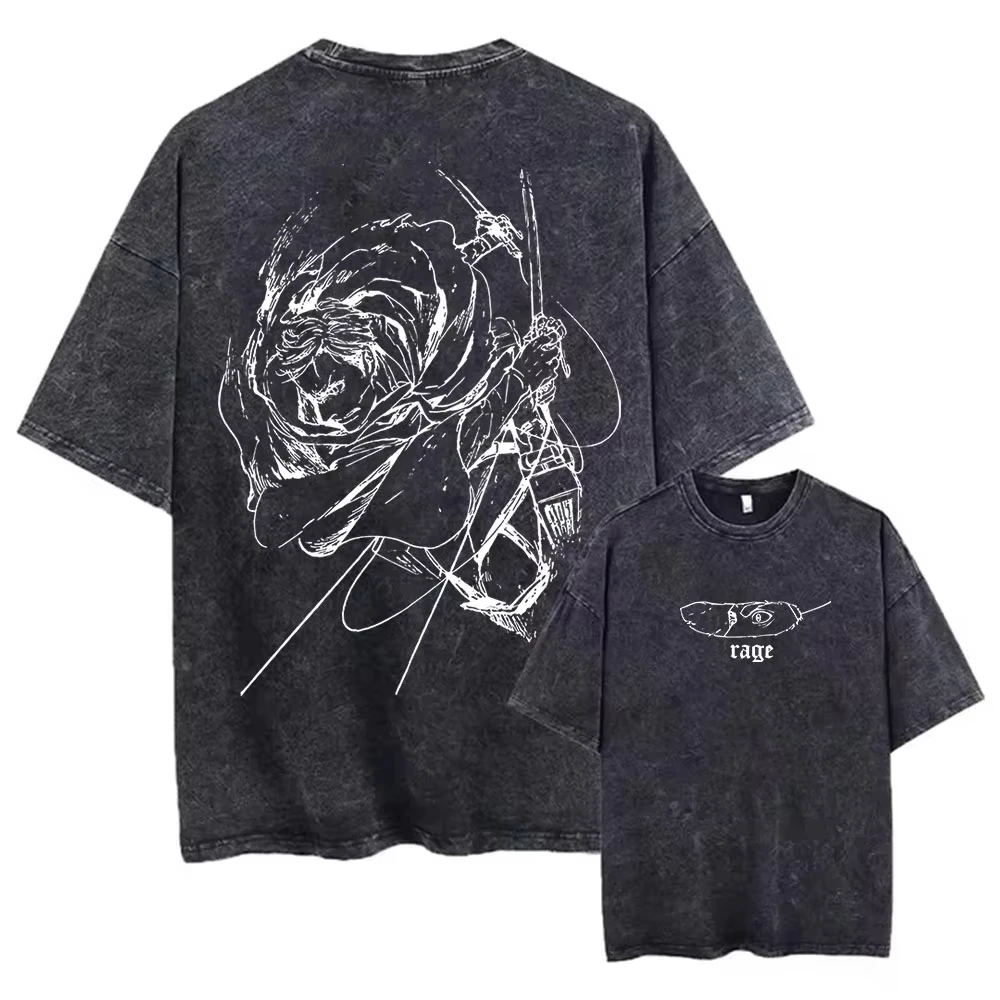 Hot Anime Attack on Titan Levi Ackerman Cool Printing Tee Men Washed Cotton T-shirts Retro Oversized T Shirt Harajuku Tshirt