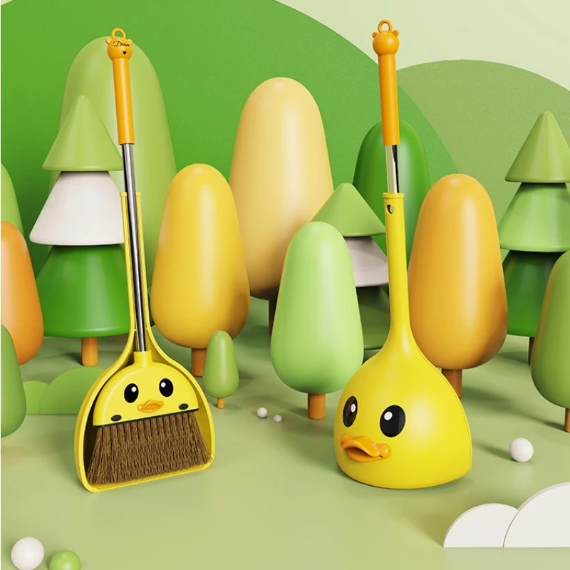 Children's Broom & Dustpan Combination Cartoon Little Yellow Duck Pattern Light Broom And Dustpan Floor Cleaning