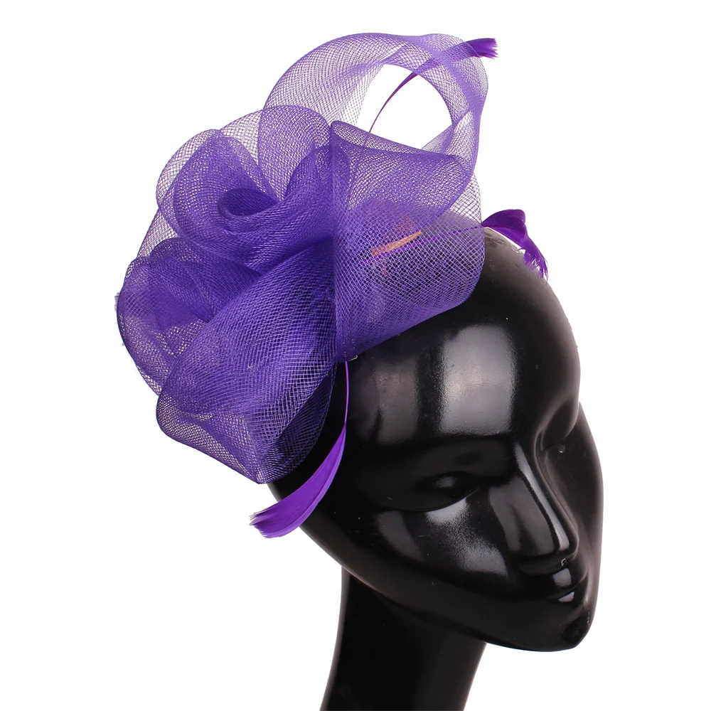 Elegant Women Purple Tulle Hair Fascinator Hat Hair Clip With Fancy Feathers Hair Accessories Chic Bride Mesh Headwear Hair Pins