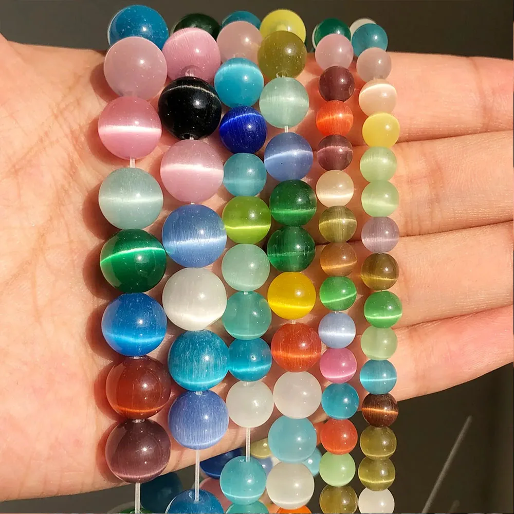 4/6/8/10mm Round Natural Stone Colorful Moonstone Cat Eye Beads Smooth Loose Spacer Beads for Jewelry Making Necklace Bracelet