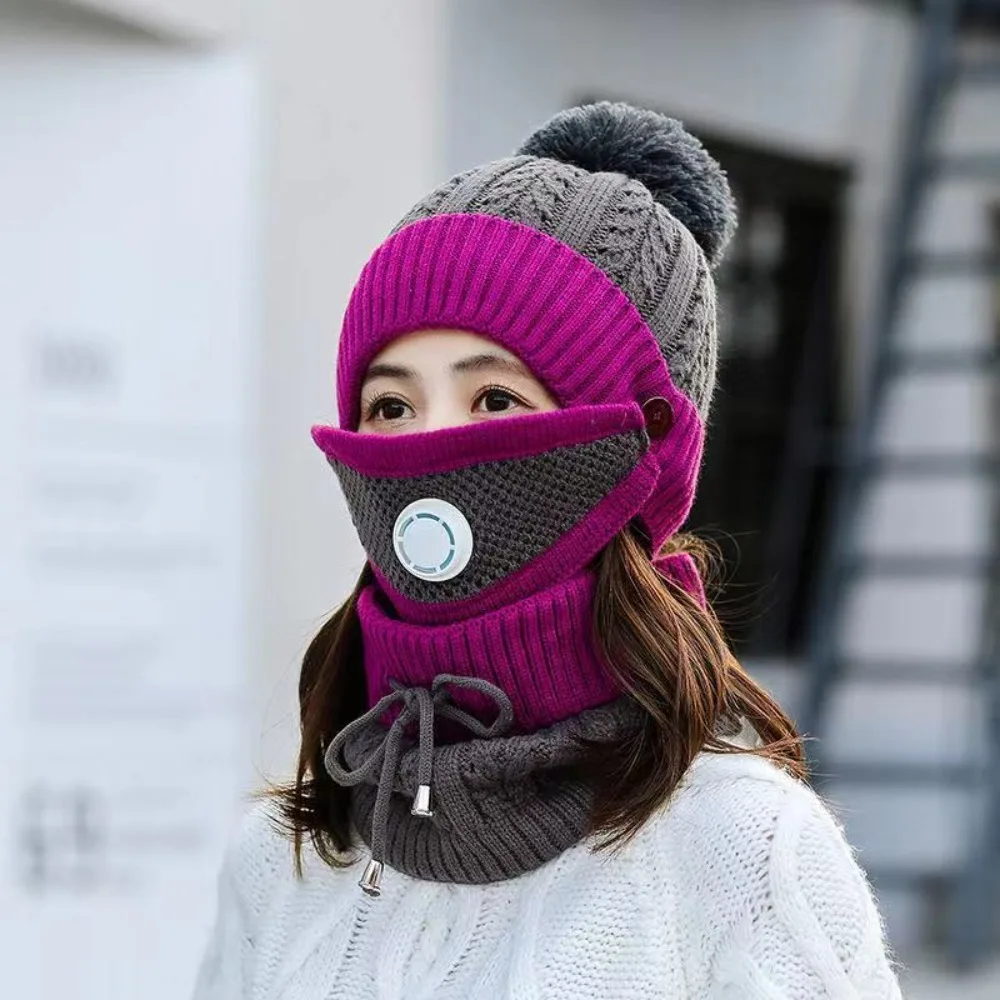 

Fashion Thick Fleece Beanie Hat Scarf Keep Warm Soft Plush Knitted Hat Breathable Winter Hat Mask Women