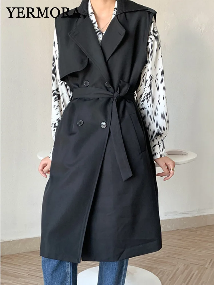 

YERMORA черный пояс на пуговицах, повседневный жилет, Тренч для женщин, свободная новая ветровка без рукавов с лацканами, модная весна-осень 2025