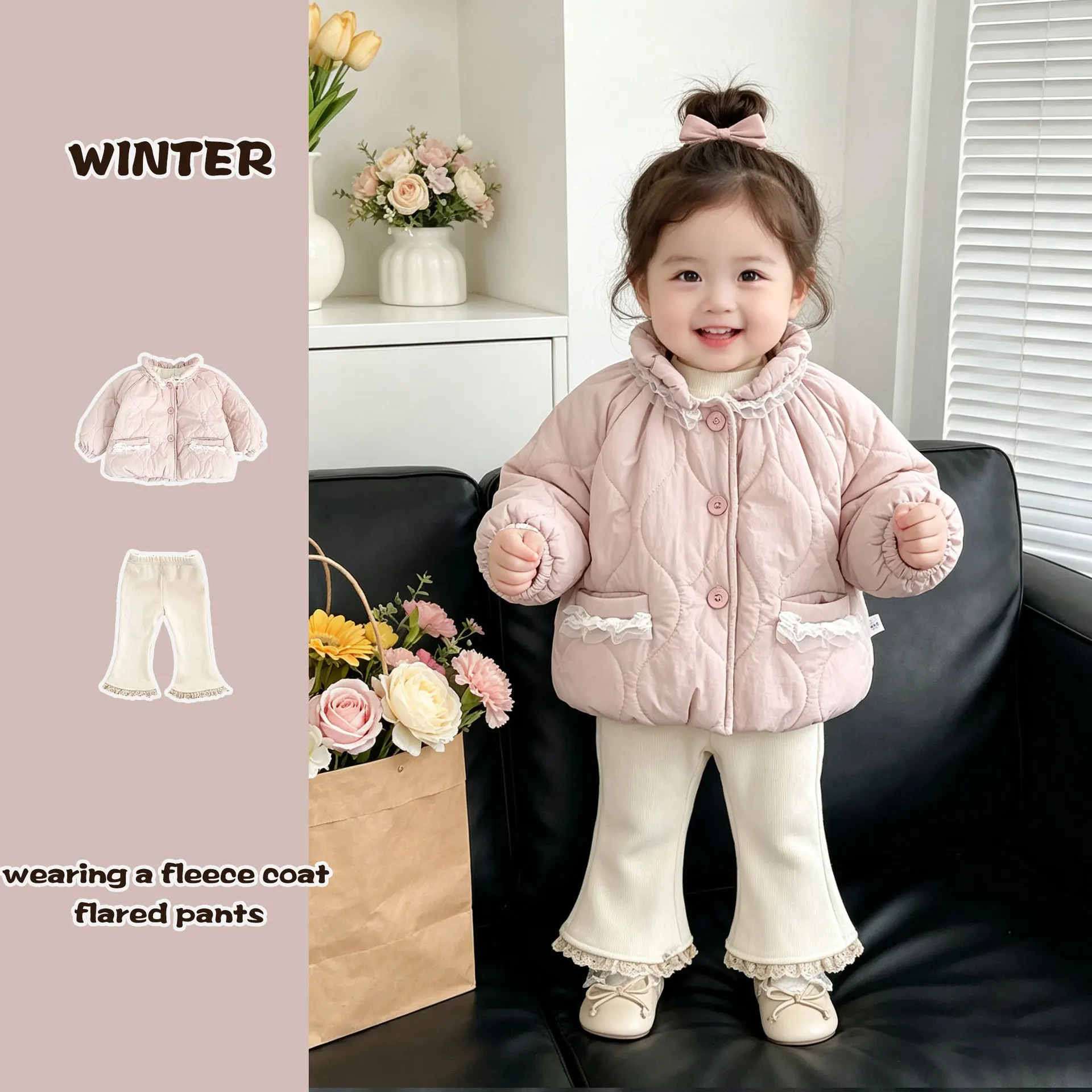 2026 New Winter Girls Lace Trim Padded Coat + Flared Pants Set | Thick Warm Fleece-Lined Outwear | Cute Going Out Outfit