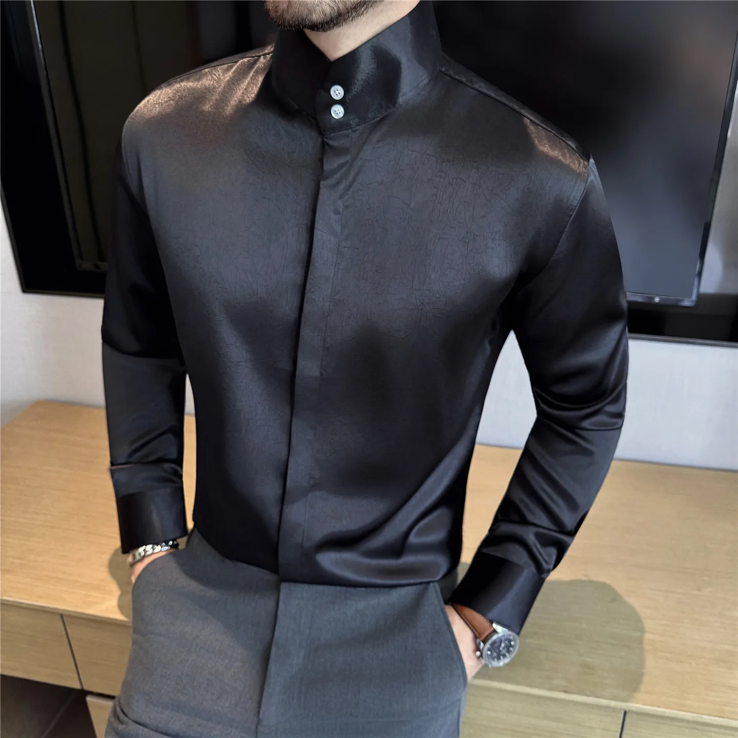 2025 Bright Satin Stand Up Collar Shirts for Men Long Sleeved Chinese Style High Collar Casual Shirt Business Social Dress Shirt