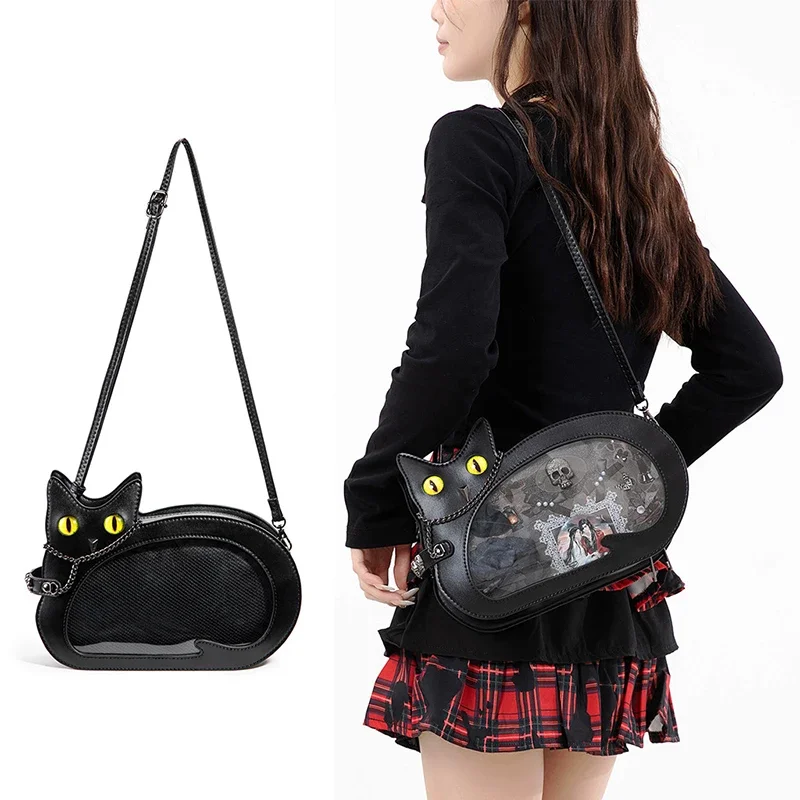 Punk Black Cat-shaped Ita Bag Y2k Fashion Dark Lolita Cool PU Shoulder Crossbody Bag Unique Clear Window Display Ita Bag Purse
