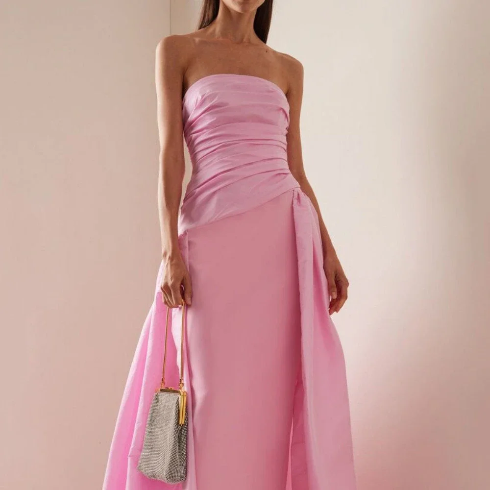 Pink Satin Party Dress For Women Sleeveless Strapless Evening Gowns Floor Length Detachable Train Prom Dresses فساتين سهرة