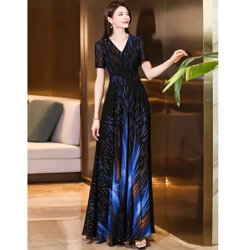 Pendant Sense Dress for Women Summer 2024 New Fashion High end, Elegant Slim and Waist Up V-neck Chiffon Dress Long Dress 4XL